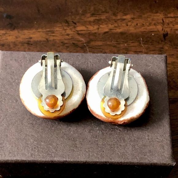 Vintage Handpainted Non Pierced Floral Clip-On Earrings - Picture 2 of 5